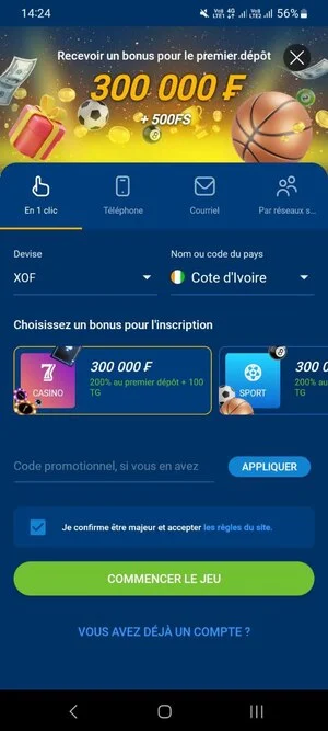 Inscription dans l'application Mostbet ci